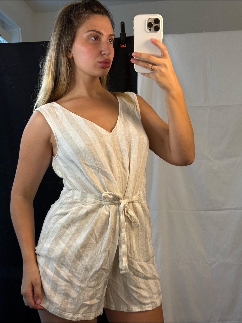 LOFT Cream & Tan Striped Tie-Waist Sleeveless Romper